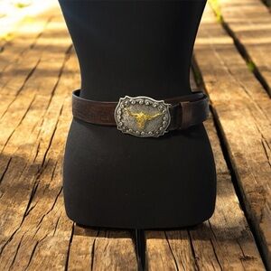 Western Brown Vegan Leather Belt with Western two tone  Buckle
